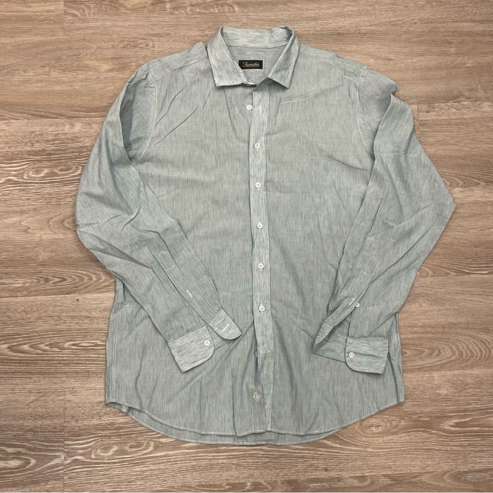 Trumaker Cotton Linen Cashmere Casual Shirt In Light Green sz XL